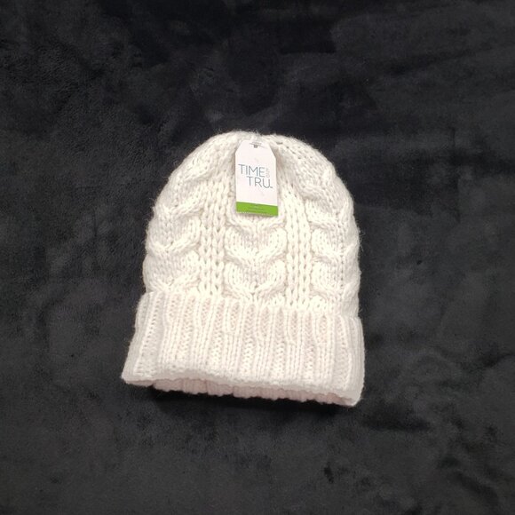 Adult Beanie Cable Knit Cuffed Lined No Pom Repreve Time & Tru Toboggan White OS - Picture 1 of 7